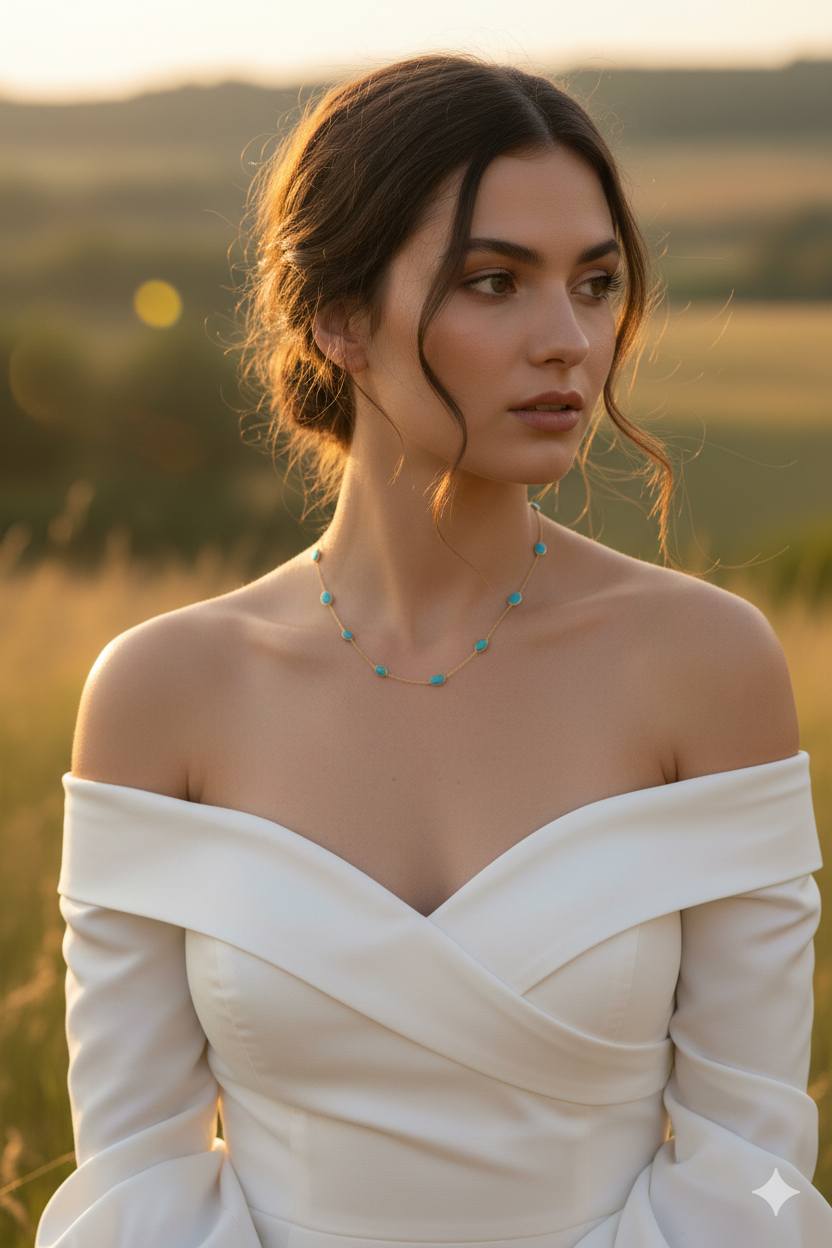 Woman in a white off-shoulder dress with a blurred natural background