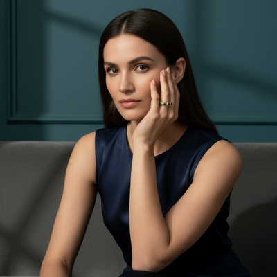 Woman in a dark blue sleeveless top sitting on a gray couch with a teal wall background Mosaico ring styled for festive and gifting occasions – handcrafted gold jewelry by Tresor Collection