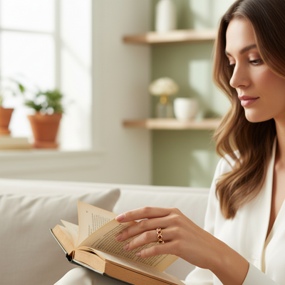 Woman reading a book in a cozy living room Elegant ruby gold ring on model – designer fine jewelry for women by Tresor Collection