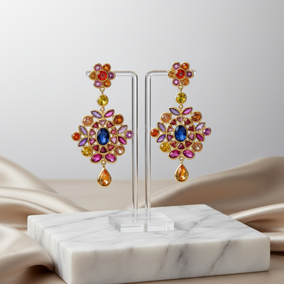 Colorful gemstone earrings on a marble stand with a soft fabric background Elegant multi-sapphire gold earrings on display – designer statement jewelry by Tresor Collection