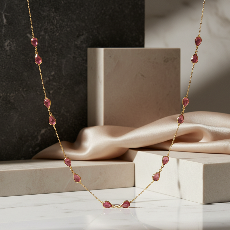 Necklace with red beads on a reflective surface with a dark background Close-up of 18K gold pink tourmaline necklace – handcrafted fine jewelry from Tresor Collection boutique