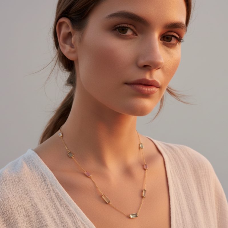 Woman wearing a delicate necklace against a neutral background Multicolor gemstone necklace styled for festive and daily wear – luxury handcrafted jewelry from Tresor Collection