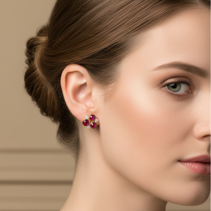 Woman wearing red earrings against a beige wall Elegant ruby and diamond floral earrings on model – designer gold jewelry for women by Tresor Collection