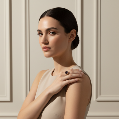 Woman wearing a beige sleeveless top against a neutral wall Close-up of 18K gold blue sapphire ring – handcrafted fine jewelry from Tresor Collection boutique
