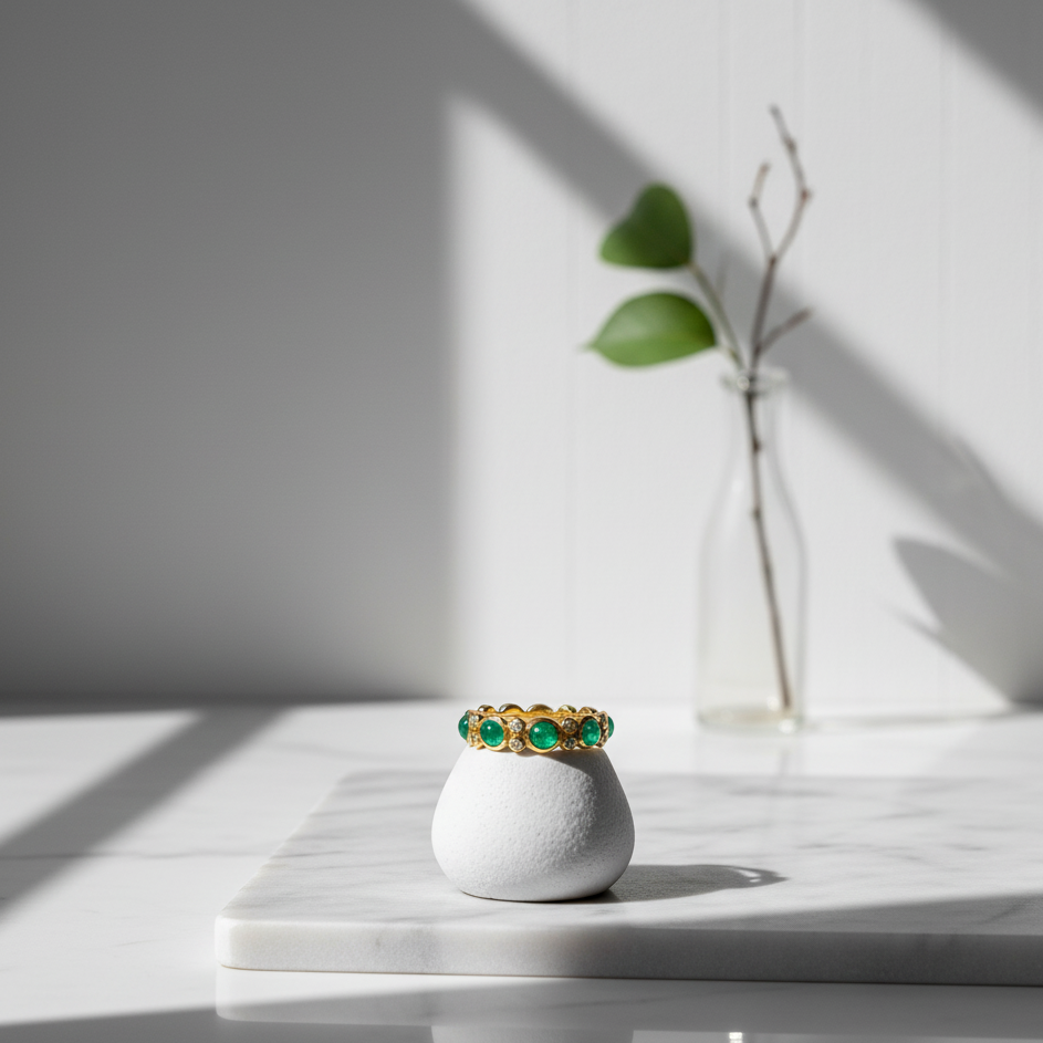 Small white vase with gold and green accents on a marble surface with a plant in the background Close-up of 18K gold Mosaico ring with emeralds and diamonds – handcrafted jewelry from Tresor Collection