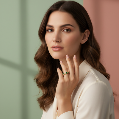 Woman wearing a green gemstone ring against a pastel background Mosaico emerald and diamond ring styled for festive and gifting occasions – luxury handcrafted gold jewelry from Tresor Collection
