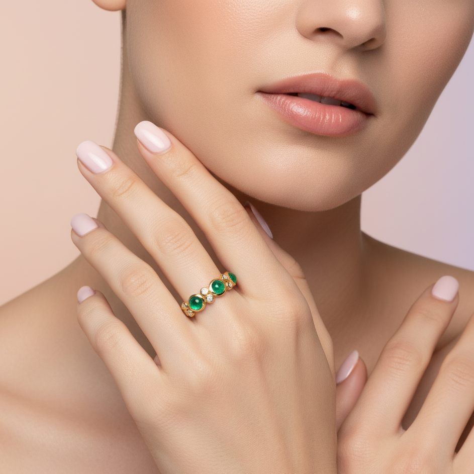 Close-up of a hand wearing a gold ring with green gemstones on a neutral background Elegant emerald and diamond gold ring on model – designer gemstone jewelry for women by Tresor Collection