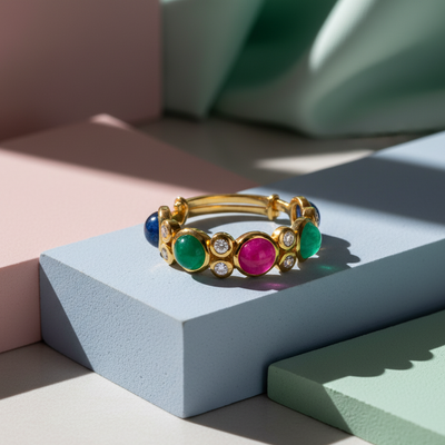 Gold ring with colorful gemstones on a geometric multicolor background Close-up of 18K gold Mosaico ring with emeralds, rubies, sapphires & diamonds – handcrafted fine jewelry from Tresor Collection