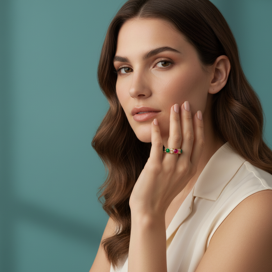 Woman wearing a ring with a green gemstone against a teal background Mosaico statement ring styled for festive and gifting occasions – luxury handcrafted jewelry by Tresor Collection