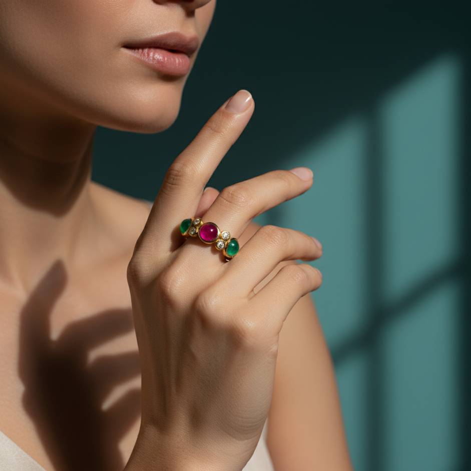 Close-up of a hand wearing a ring with colorful gemstones against a neutral background Elegant emerald, ruby, sapphire & diamond gold ring on model – designer statement jewelry for women by Tresor Collection