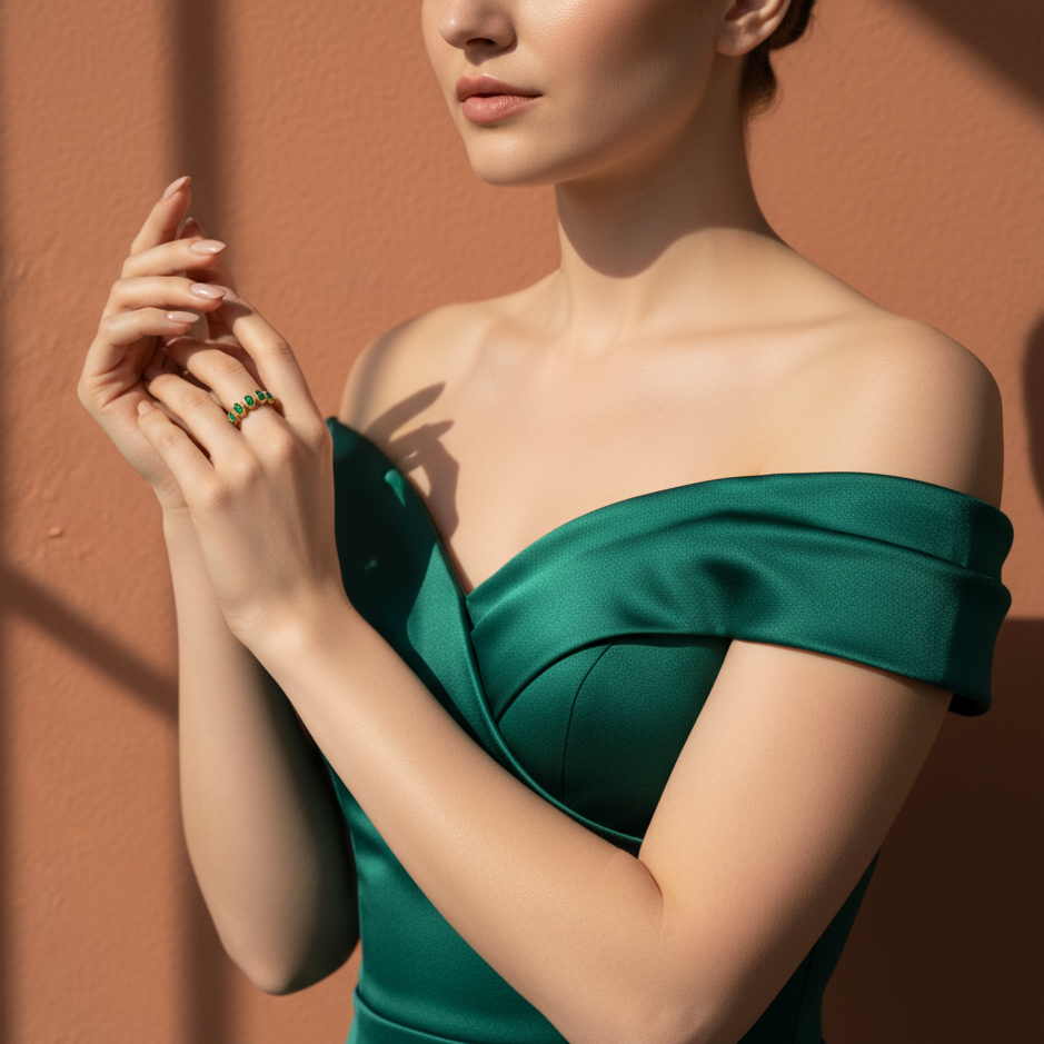 Woman wearing a green off-shoulder dress against a warm-toned wall. Emerald cabochon ring styled for festive wear – luxury handcrafted jewelry from Tresor Collection