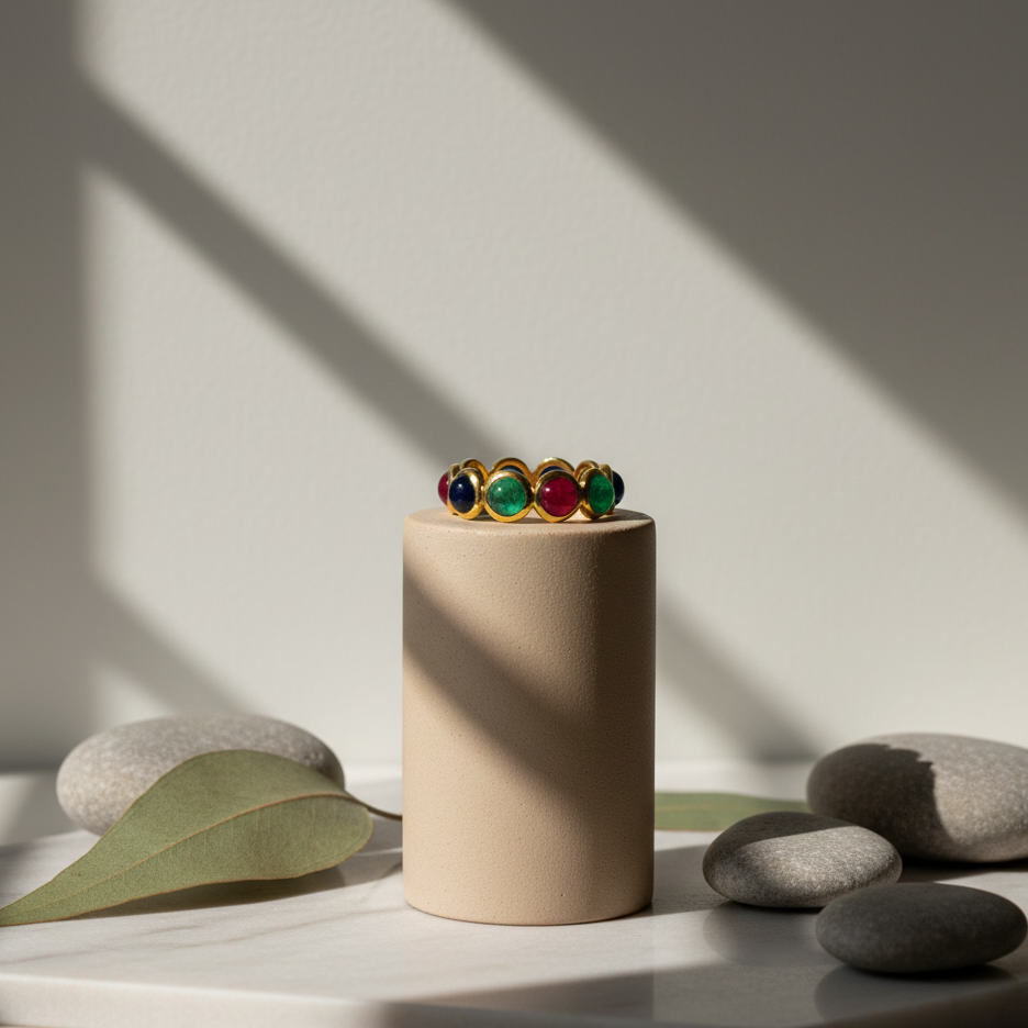 Gold ring with colored gemstones on a beige cylindrical stand, surrounded by stones and leaves. Close-up of 18K gold Mosaico ring with emerald, ruby & sapphire cabochons – handcrafted jewelry from Tresor Collection
