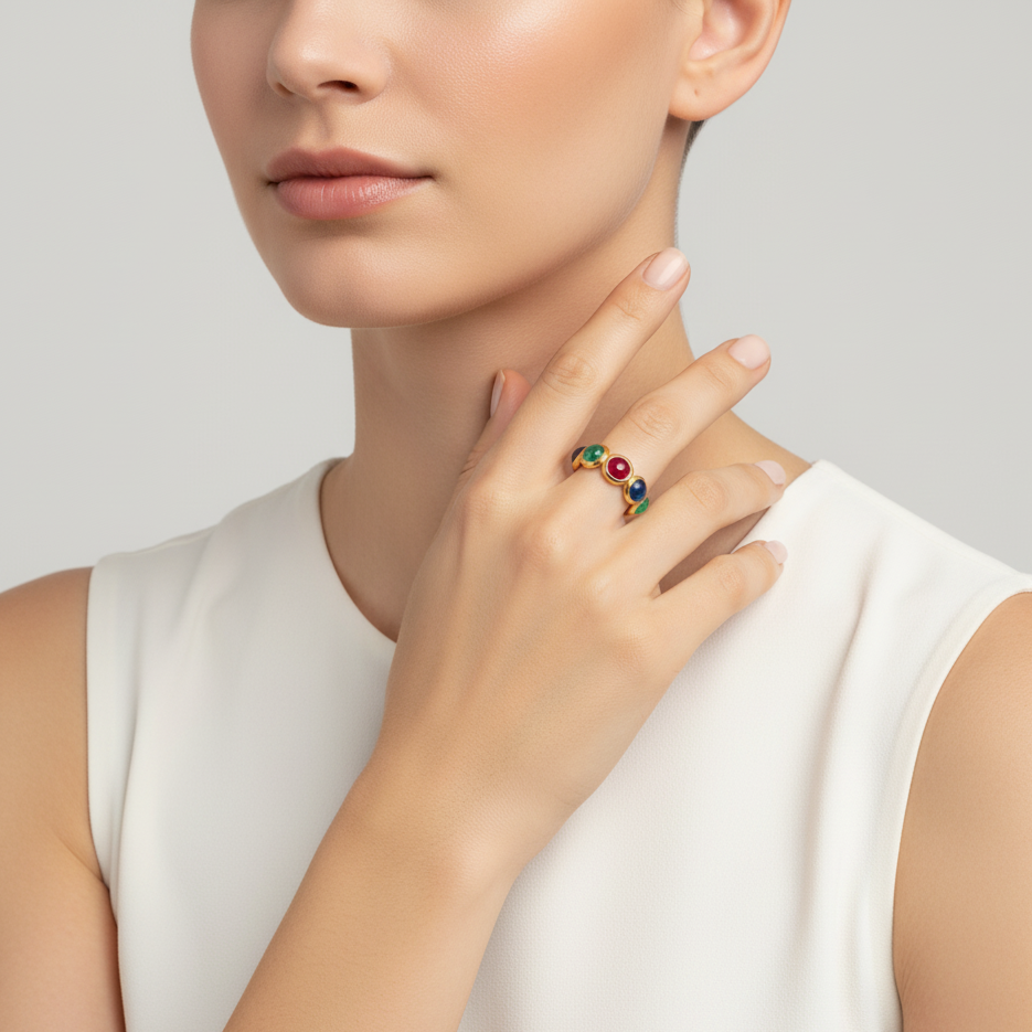 Woman wearing a ring with colored stones on a plain background Mosaico ring styled for festive and gifting occasions – luxury handcrafted gold jewelry from Tresor Collection