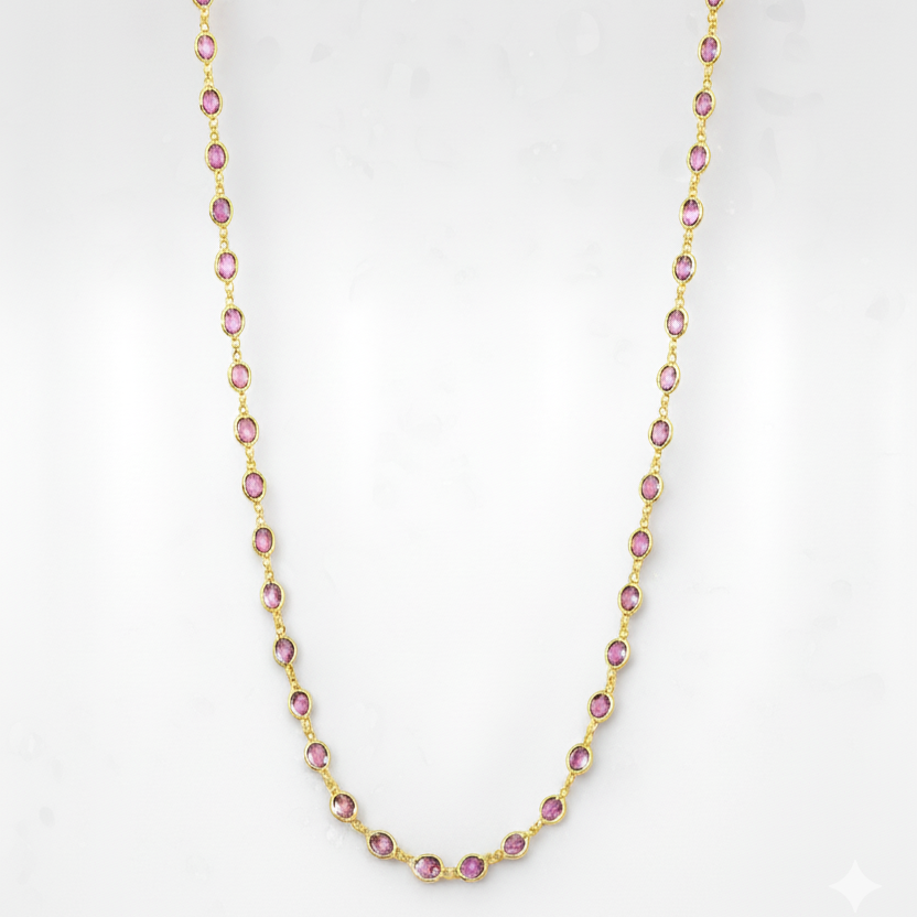 18K gold pink tourmaline necklace flatlay – handcrafted gemstone jewelry by Tresor Collection