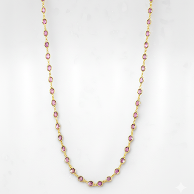 18K gold pink tourmaline necklace flatlay – handcrafted gemstone jewelry by Tresor Collection