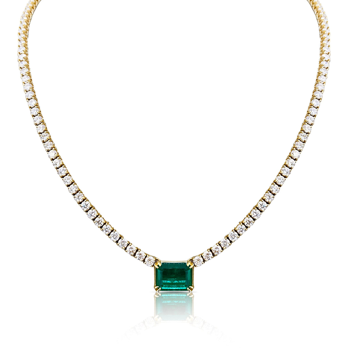Emerald & Diamond Tennis Necklace In 18K Yellow Gold