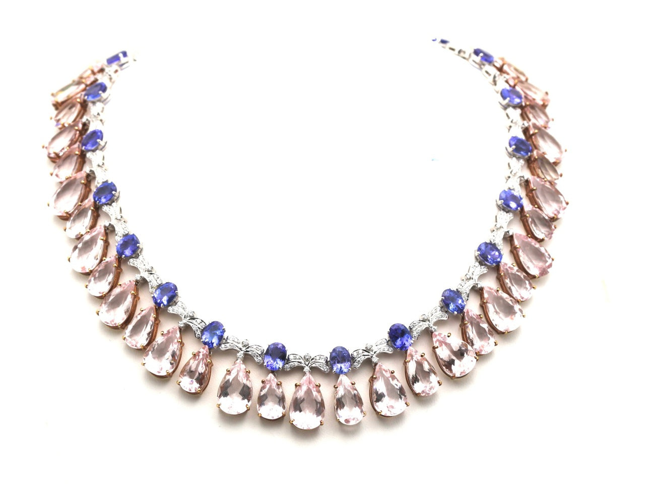 Morganite, Tanzanite And Diamond Necklace In 18K Rose Gold / White Gold