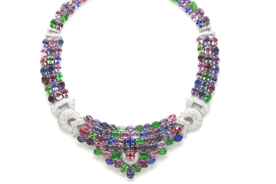 Multicolor Spinal, Tanzanite, Tsavorite Garnet and Diamond Necklace in 18k White Gold