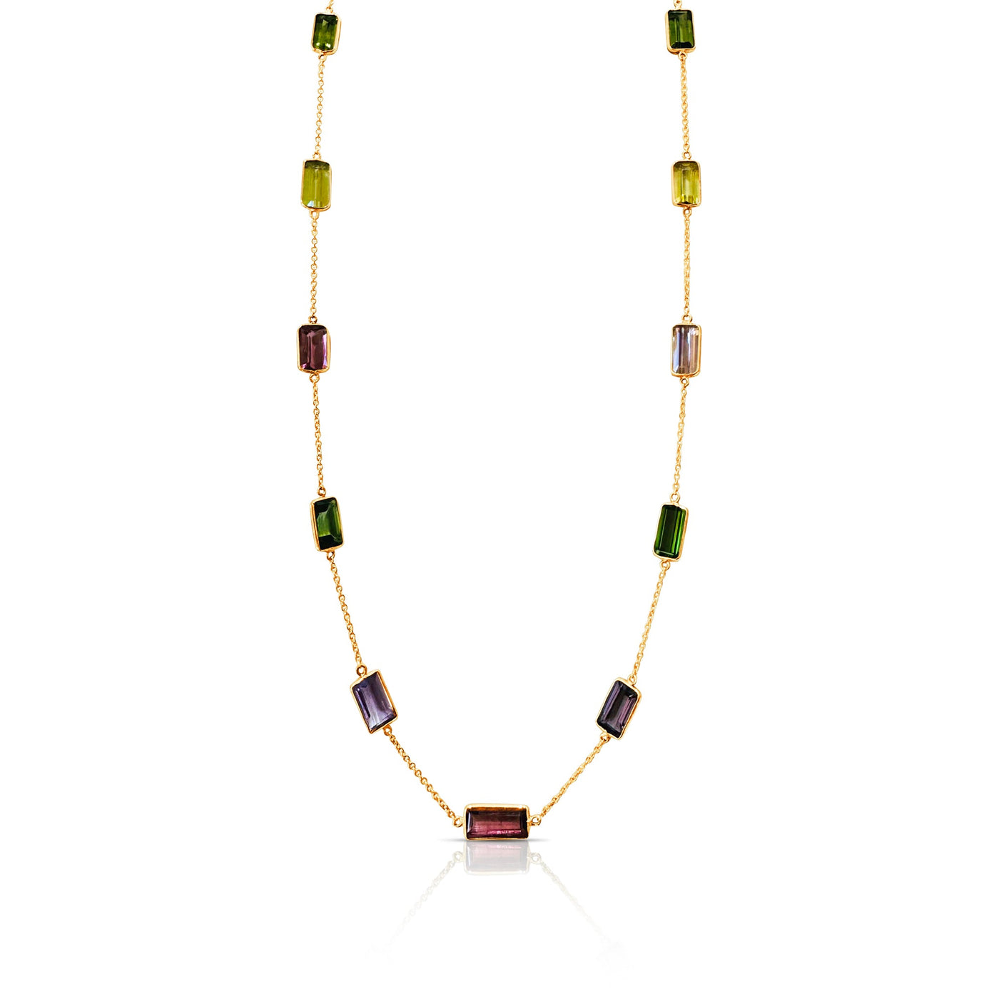 Multicolor Tourmaline Rect. Necklace In 18K Yellow Gold