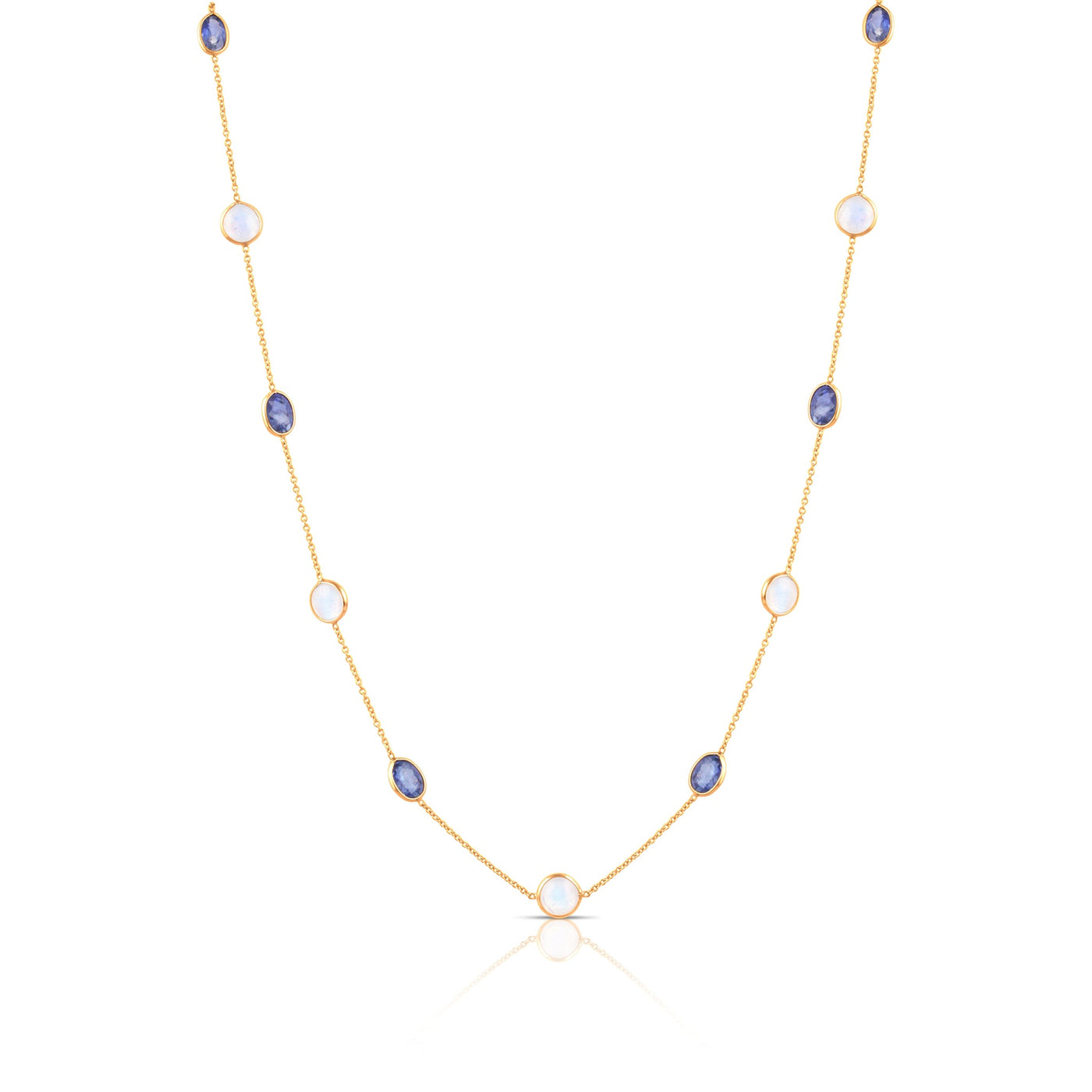 Rainbow Moonstone Round And Blue Sapphire Oval Necklace In 18K Yellow Gold, Blue Sapphire Chain, Rainbow Moonstone Chain, Gold Chain