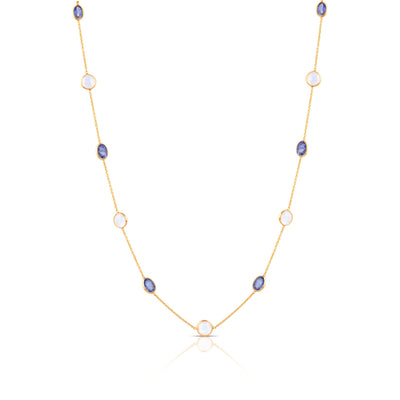 Rainbow Moonstone Round And Blue Sapphire Oval Necklace In 18K Yellow Gold, Blue Sapphire Chain, Rainbow Moonstone Chain, Gold Chain