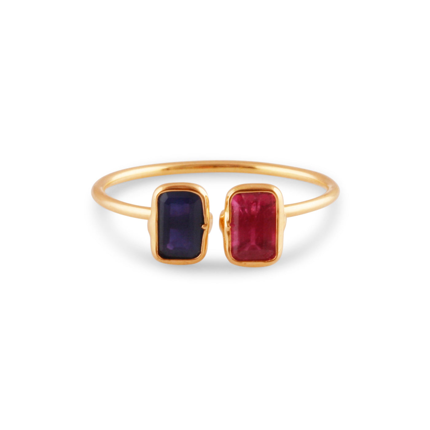 Ruby & Blue Sapphire Rect. Ring In 18K Yellow Gold