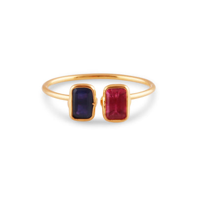 Ruby And Blue Sapphire Rectangle Ring In 18K Yellow Gold, Gold, Gold Ring, Ruby, Blue Sapphire