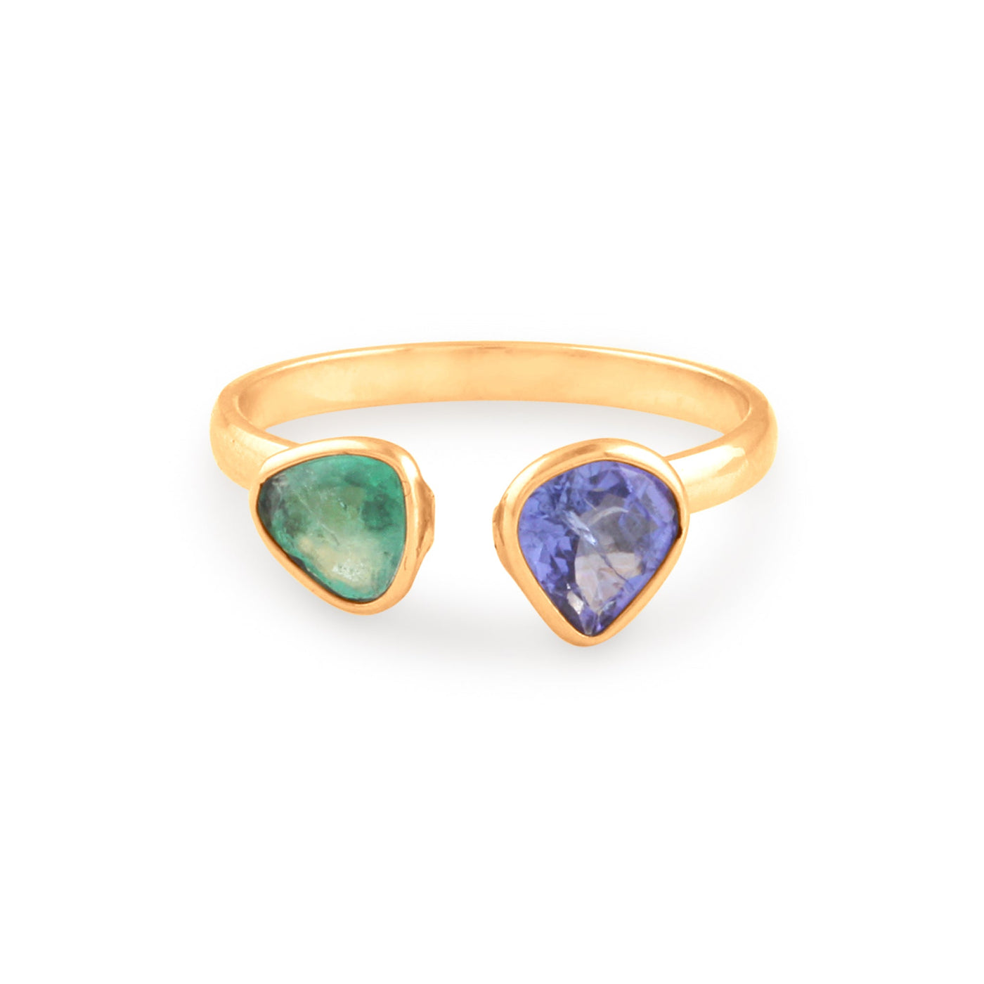Emerald Tri. & Tanzanite P/S Ring In 18K Yellow Gold