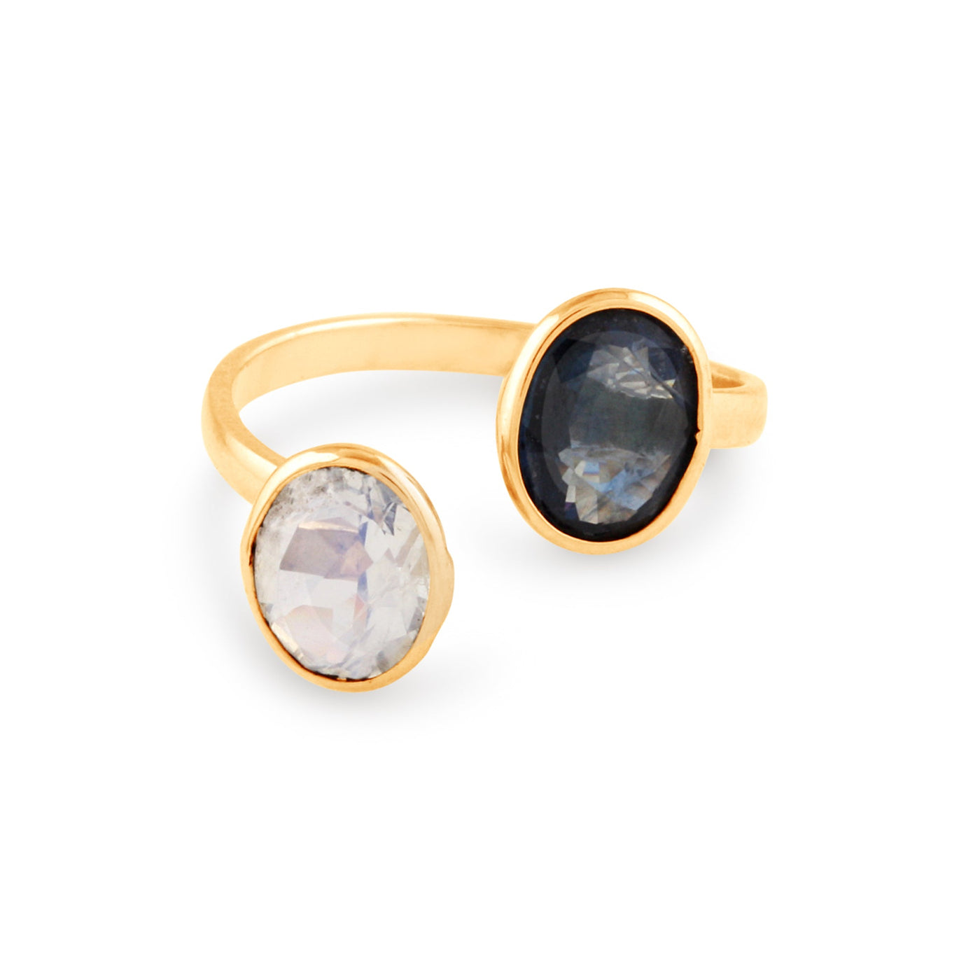 Rainbow Moonstone & Blue Sapphire Oval Ring In 18K Yellow Gold
