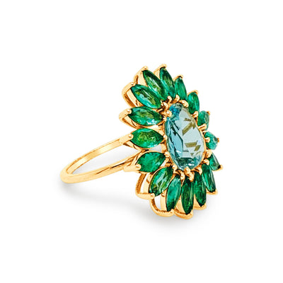 Emerald Mq. & Aquamarine U/S Ring In 18K Yellow Gold