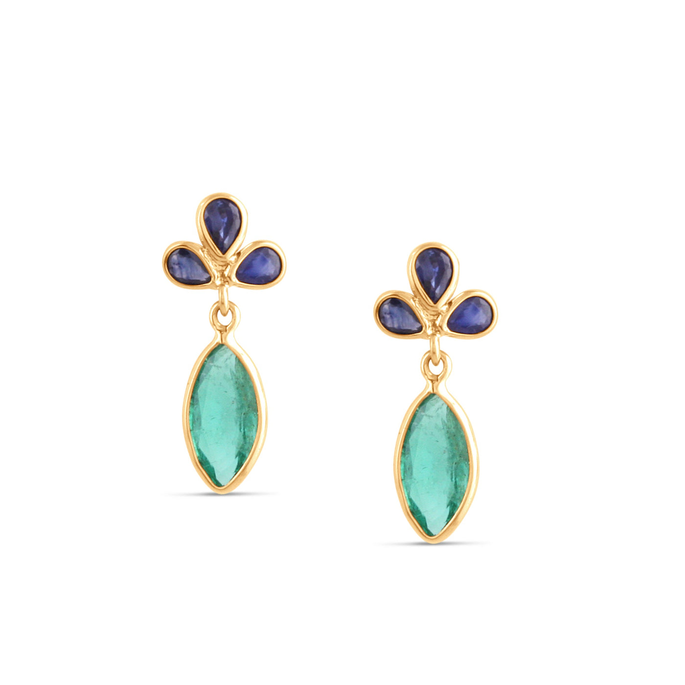 Blue Sapphire P/S & Emerald Mq. Earring In 18K Yellow Gold