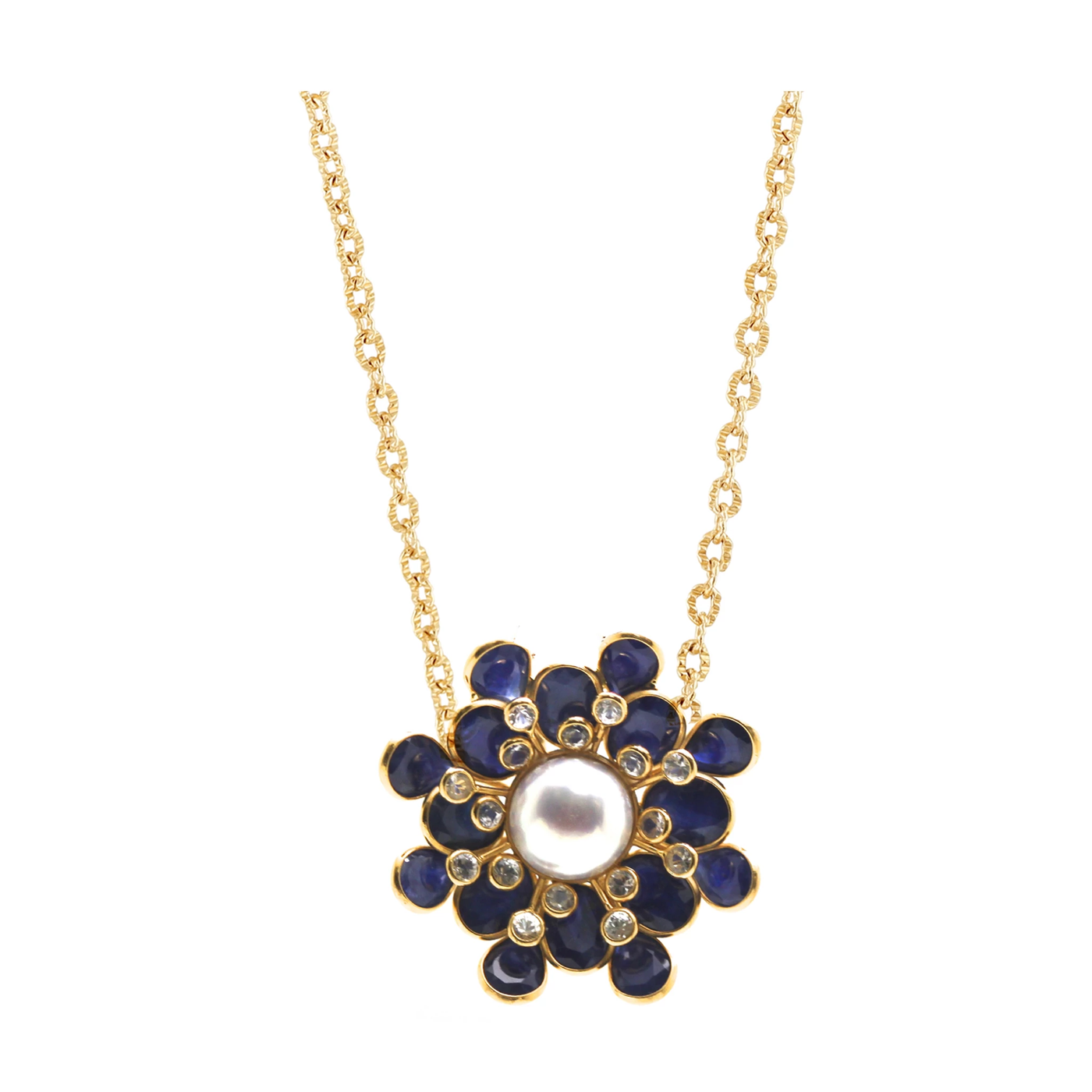 Blue Sapphire, White Sapphire & Pearl Flower Pendant In 18K Yellow Gold