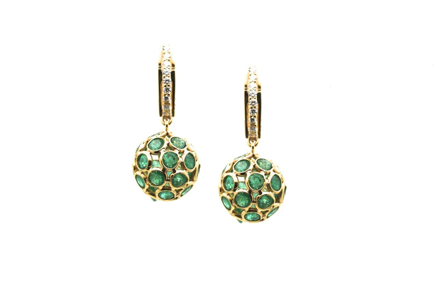 Emerald Sphere On Diamond Huggie Earring In 18K Yellow Gold